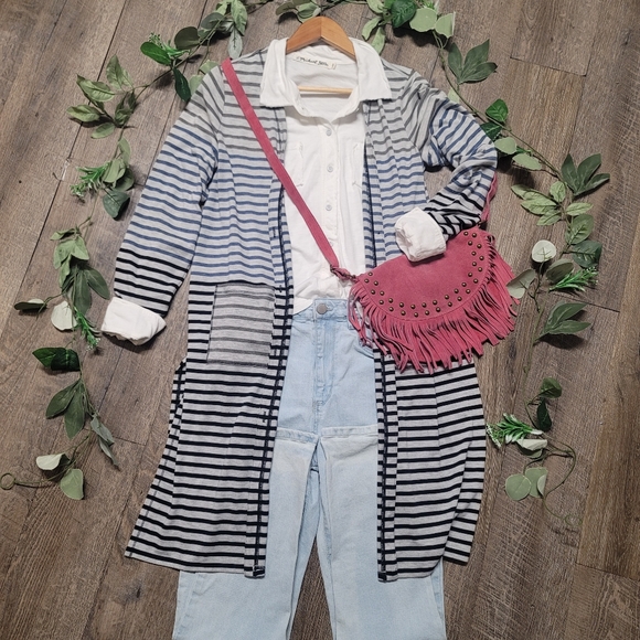 Chicos Zenergy Radley Striped Button Front  Duster Cardigan W/Pockets SZ 1=M - Picture 3 of 11